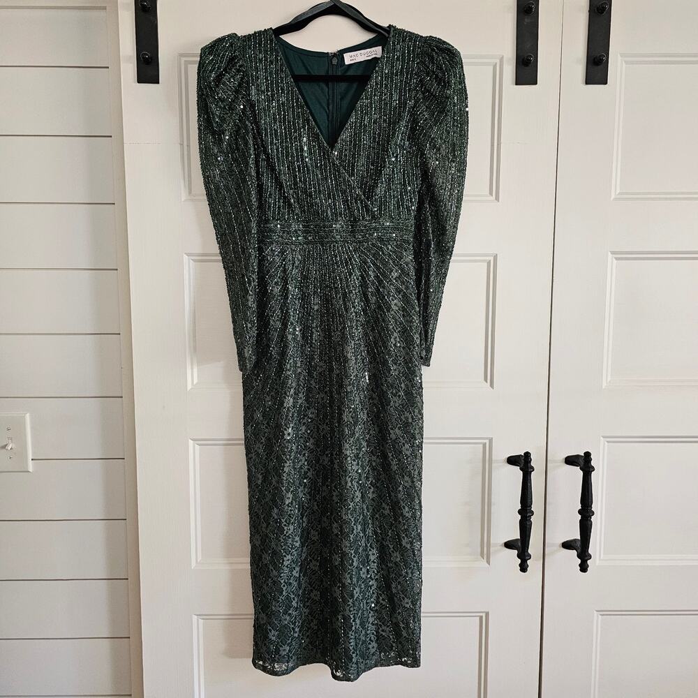 Mac Duggal 93676 Beaded Lace Long Sleeve Formal Gown Dress Green Size 0 - Picture 2 of 10